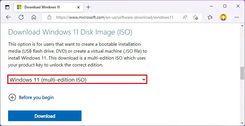 Opcja pobierania ISO systemu Windows 11 22H2