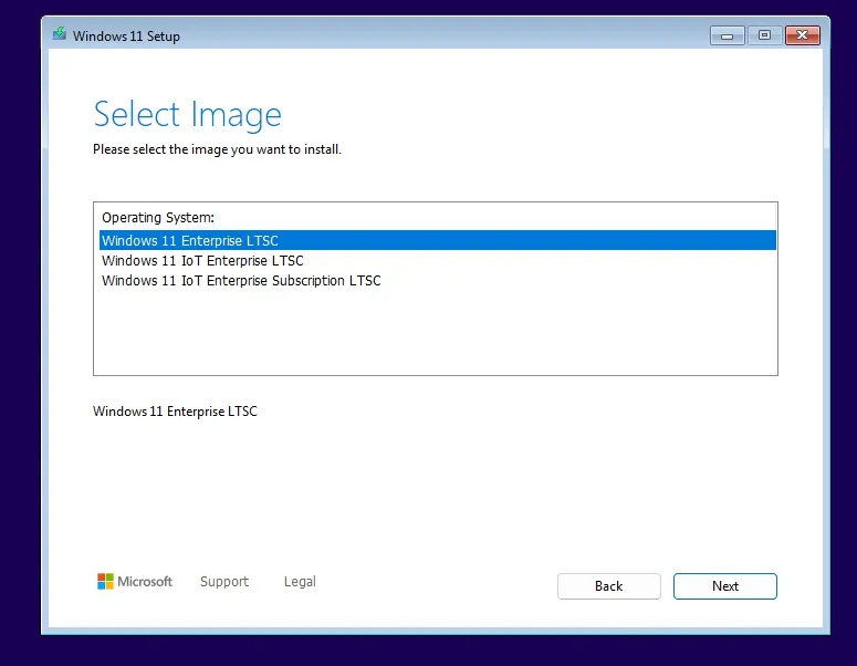 Schermata di installazione di Windows 11 24H2 LTSC