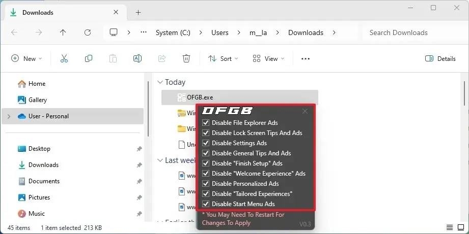 OFGB désactive les publicités sur Windows 11