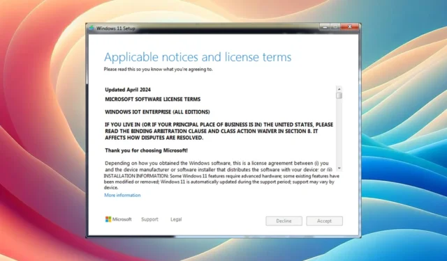インストールが停止しました: Windows 11 IoT Enterprise LTSC ユーザーはライセンス条項に同意できません