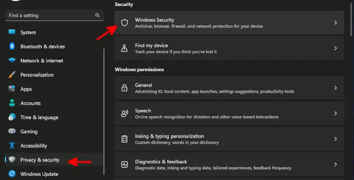 Windows-Einstellungen, Anzeige des Datenschutz- und Sicherheitsmenüs und Hinweis auf die Option „Windows-Sicherheit“