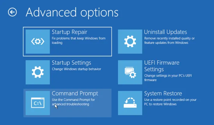 Windows 的復原選單，位於故障排除程序的進階選項頁面