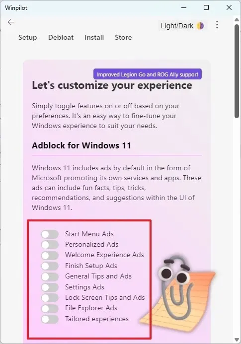Winpilot deshabilita los anuncios en Windows 11