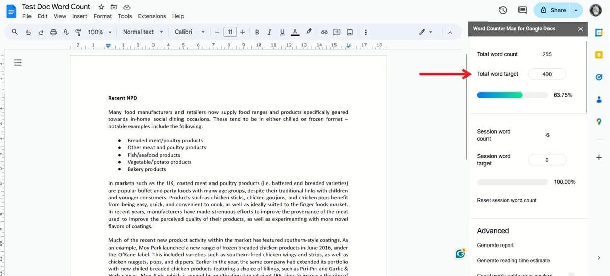在 PC 上的 Google 文件中使用 Word Counter Max for Google Docs 外掛程式時設定字數統計目標。