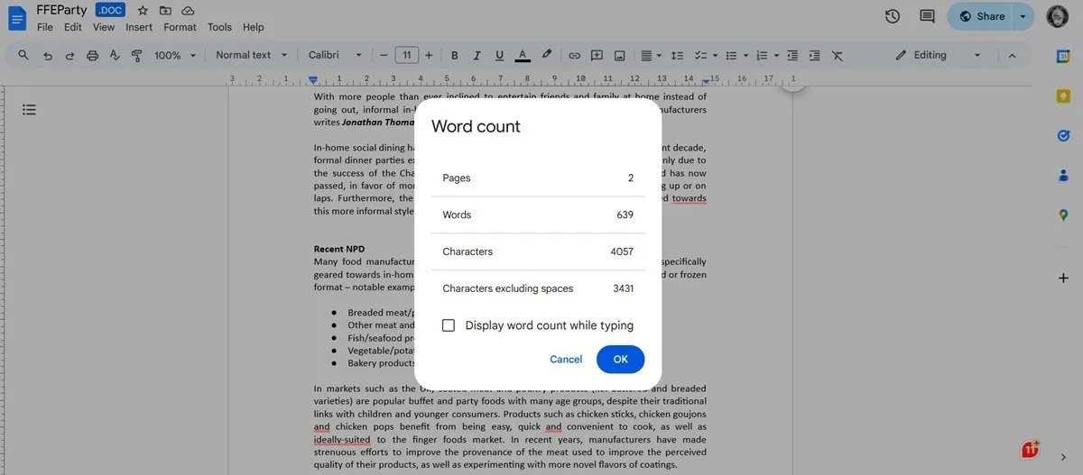 Fensteransicht zur Wortzählung für Dokumente in Google Docs auf dem PC.