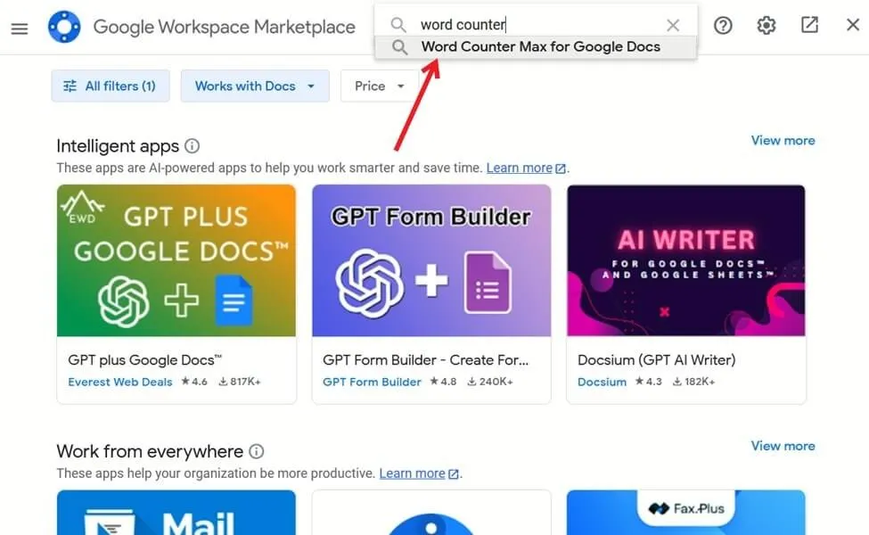 Suche nach Wortzähler-Add-ons im Google Workspace Marketplace.