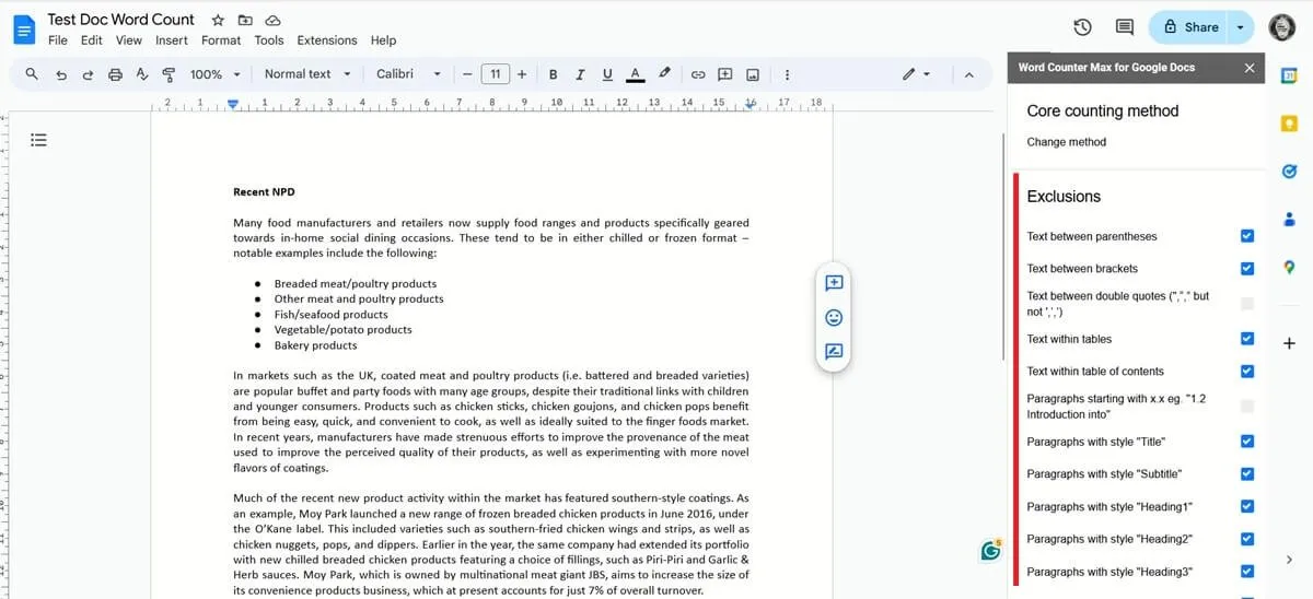 Elenco di esclusione per l'estensione Word Counter Max in Google Docs su PC.