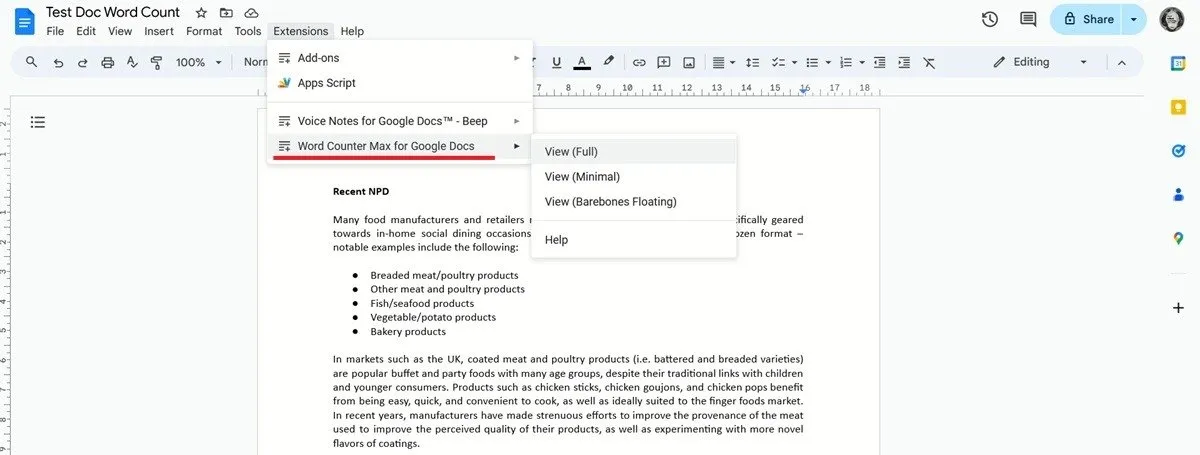 Facendo clic sul componente aggiuntivo Word Counter Max per Google Docs in Google Docs su PC.