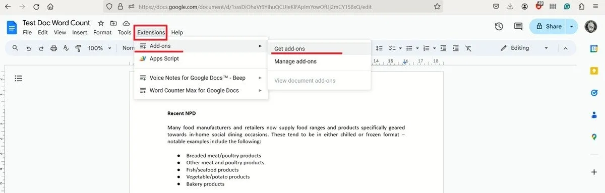 按一下 PC 上 Google 文件中的「擴充功能」功能表來安裝新的附加元件。
