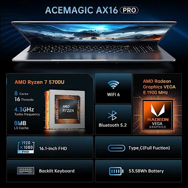 Especificaciones de la computadora portátil para juegos Acemagic