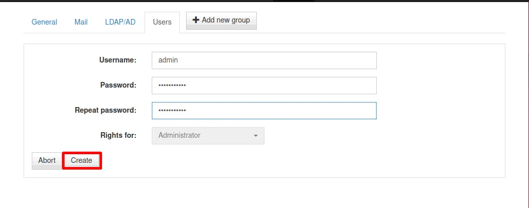 podaj hasło administratora i kliknij przycisk Utwórz, aby utworzyć konto administratora.