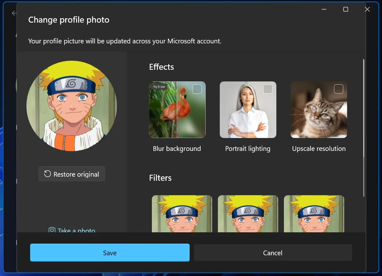 efectos ai en la configuración de la imagen de perfil en Windows 11