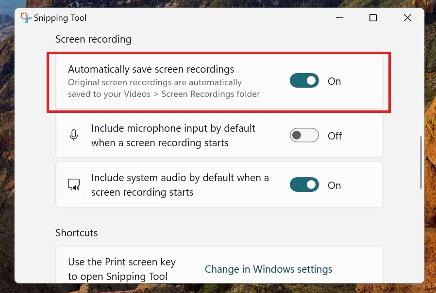 paramètres d'enregistrement automatique des clips vidéo dans l'outil de capture sous Windows 11