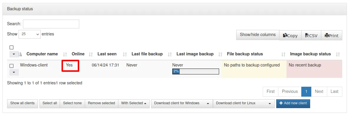 Status klienta Urbackup Windows to Tak, a tworzenie ostatniej kopii zapasowej obrazu jest w toku.