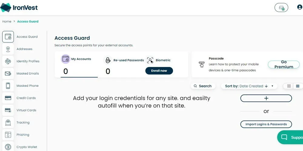 La dashboard principale di IronVest per impostare la sicurezza dell'account.