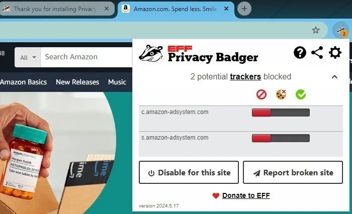 Verwenden Sie Privacy Badger, eine der besten Chrome-Datenschutzerweiterungen, um Tracker auf Amazon zu blockieren.