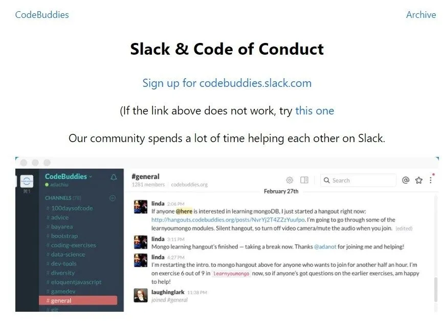 Page d'invitation à rejoindre l'espace de travail CodeBuddies Slack.