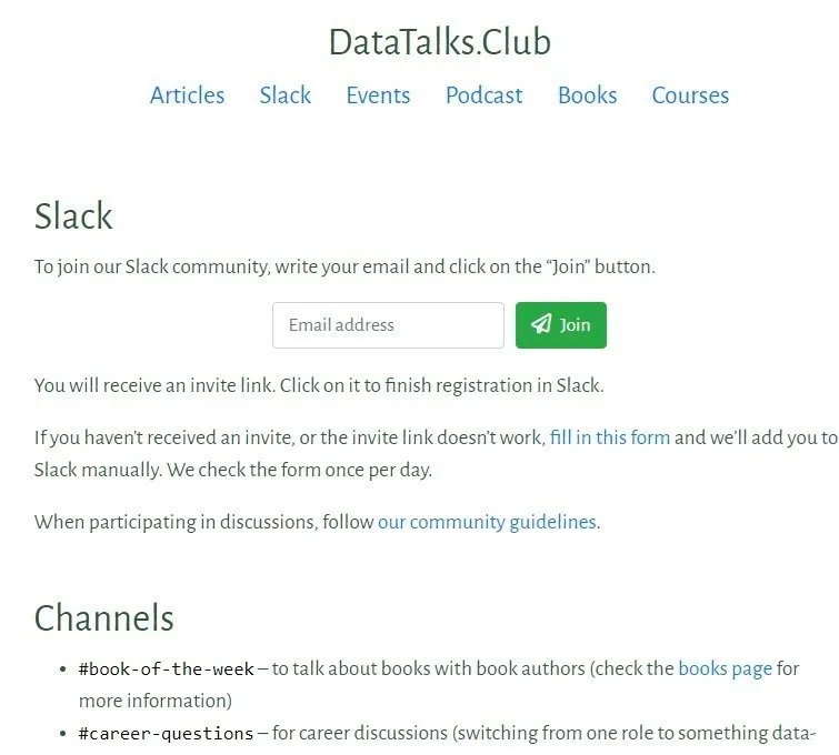 Détails sur la façon de rejoindre la communauté Slack DataTalks.Club.