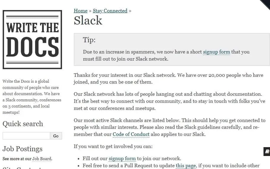 Details voor deelname aan de Write the Docs Slack-community.