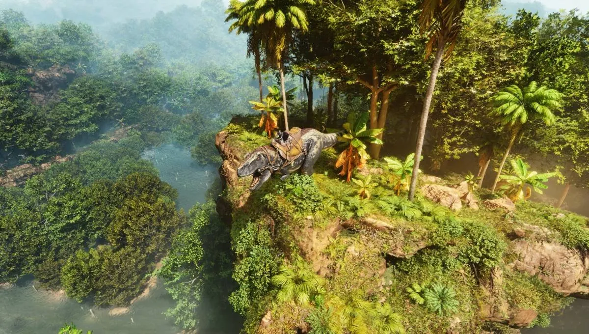 Captura de tela de Ark: Survival Ascended mostrando um dinossauro perto de um penhasco em uma floresta