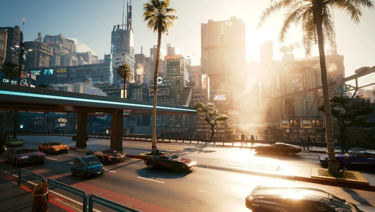 Screenshot van Cyberpunk 2077 met zonlicht op straatverkeer