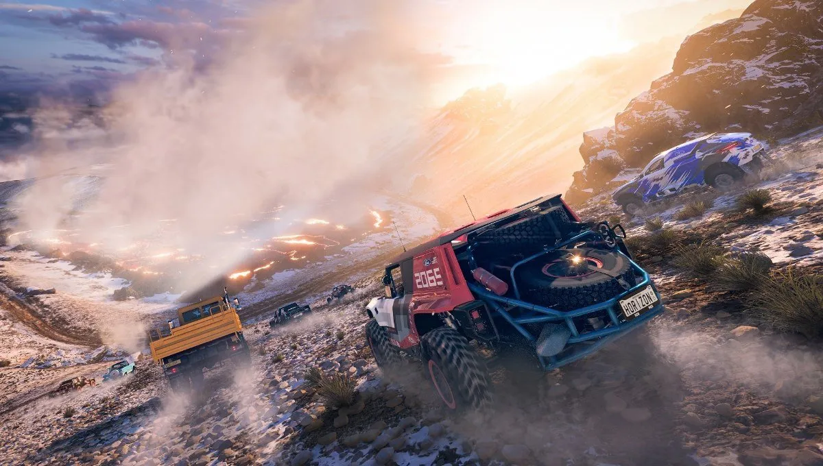 Screenshot van Forza Horizon 5 met een kaart die bergafwaarts racet