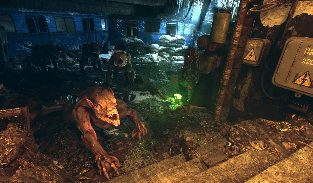 Capture d'écran de Metro Exodus montrant des monstres montant un escalier en courant