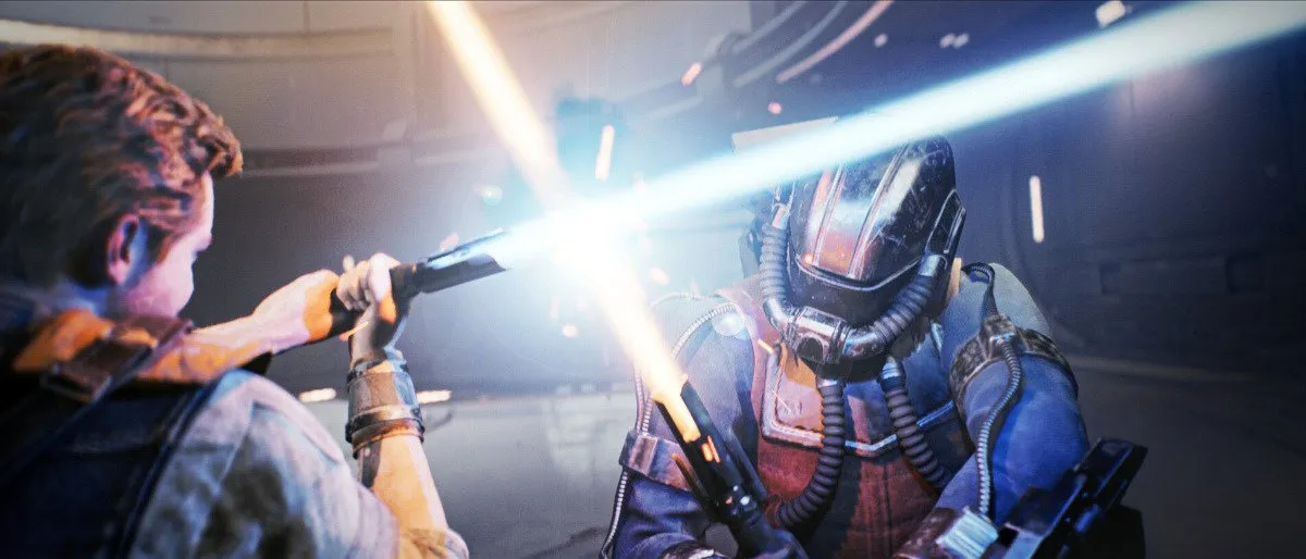 Screenshot aus Star Wars Jedi: Survivor, der ein Lichtschwertduell zeigt
