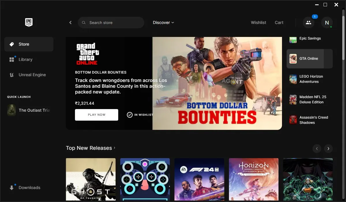 Captura de pantalla de una ventana de Epic Games Store