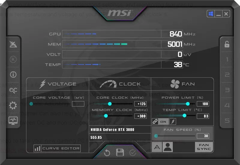 Capture d'écran d'une fenêtre MSI Afterburner