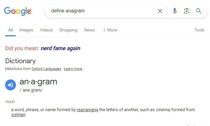 Wyszukiwanie anagramu w Google.