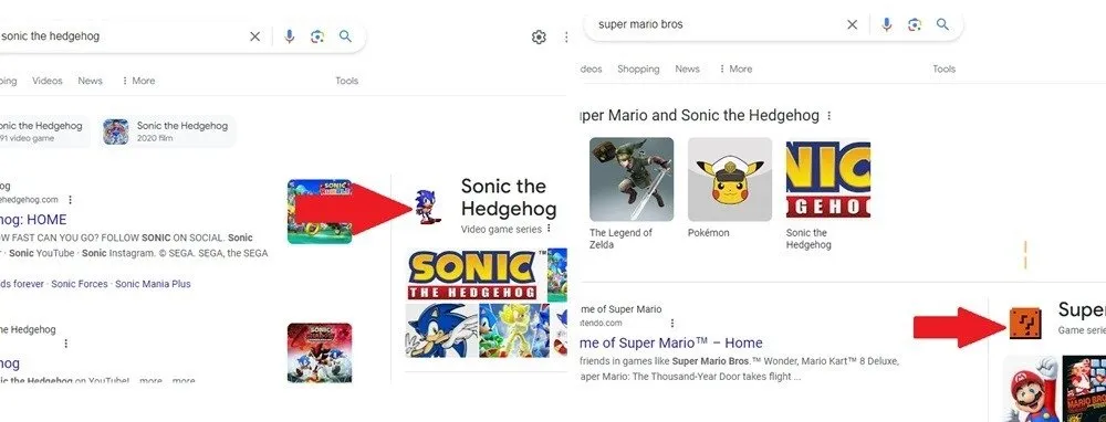 Cieszenie się z wyszukiwania pisanek Sonic i Mario w Google.