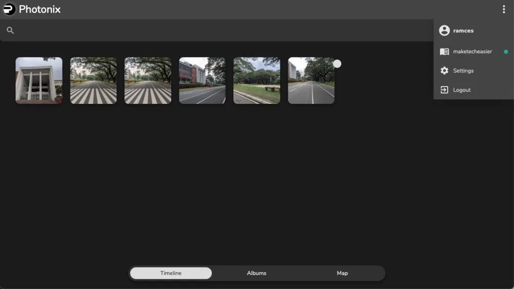 Uma captura de tela mostrando a página inicial padrão do software de gerenciamento de fotos Photonix.