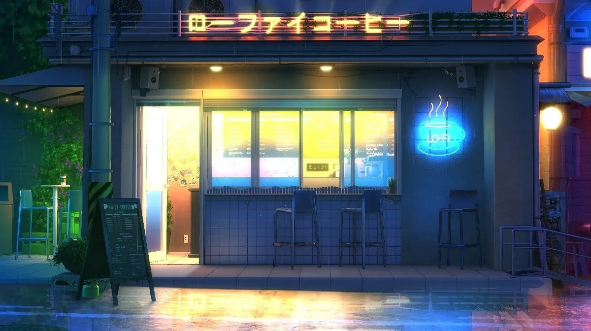 Una cafetería con letras japonesas en una calle lluviosa