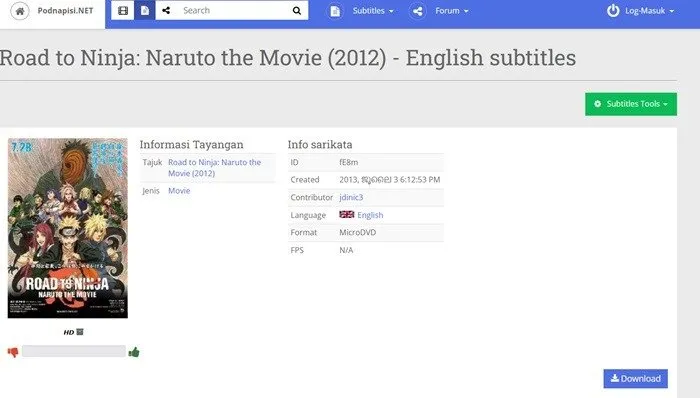 Podnapisi, eine Site, auf der Sie Untertitel mit redaktioneller Prüfung und Benutzerbewertungen hinsichtlich der Untertitelqualität erhalten.