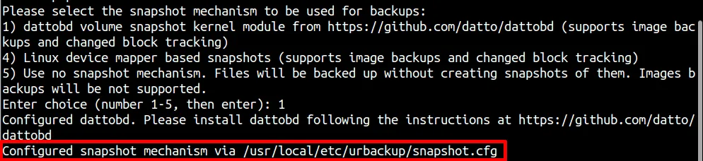 安裝時輸入配置 UrBackup 用戶端快照機制的選項