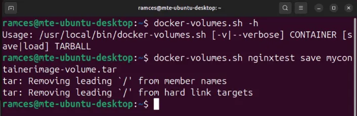 Terminal pokazujący proces tworzenia kopii zapasowej wszystkich powiązanych woluminów danych dla kontenera Docker.