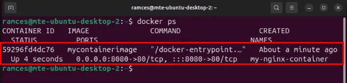 Terminal pokazujący ten sam obraz kontenera Docker uruchomiony na innym systemie.