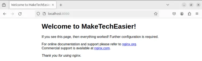 Uno screenshot che mostra il contenitore Docker Nginx importato che funziona correttamente sul suo nuovo host macchina.