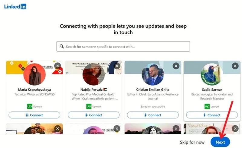 Elenco di persone che potresti voler aggiungere al tuo nuovo account LinkedIn.
