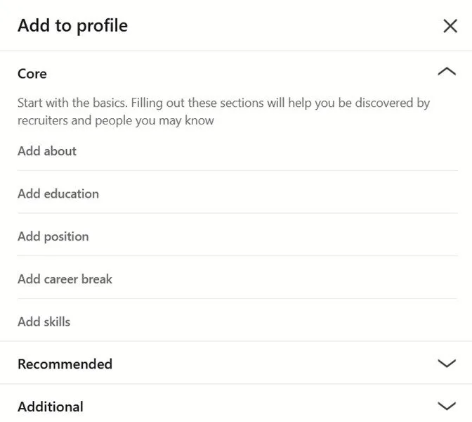 Menu que permite adicionar informações profissionais no perfil do LinkedIn.