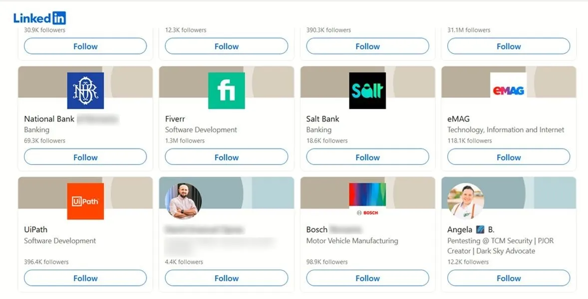 Lista de páginas de empresas e líderes do setor a serem seguidos durante o processo de criação de novas contas no LinkedIn.