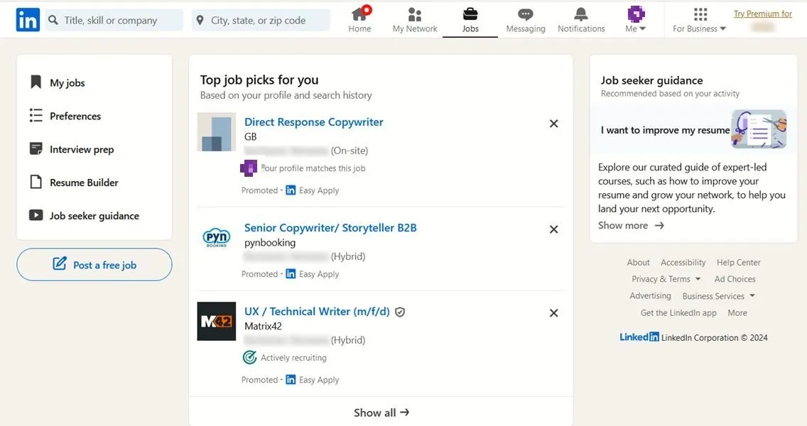 Novas oportunidades de emprego disponíveis no LinkedIn após a conclusão da criação de um novo perfil.