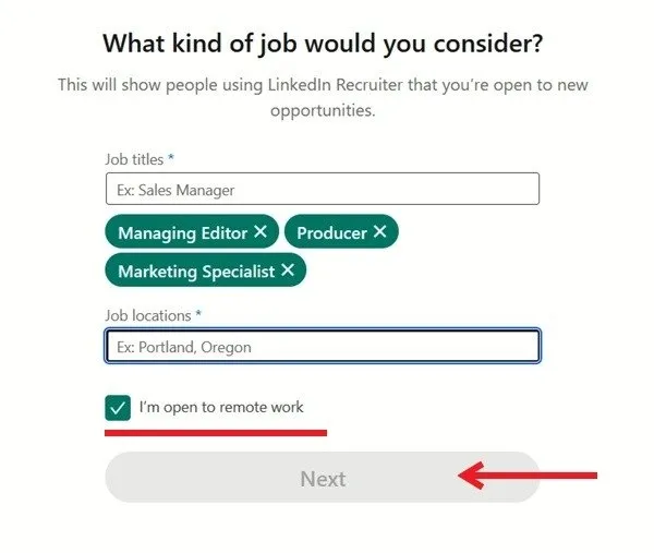 Adicionar vagas para as quais você consideraria se candidatar durante o processo de criação de conta do LinkedIn.