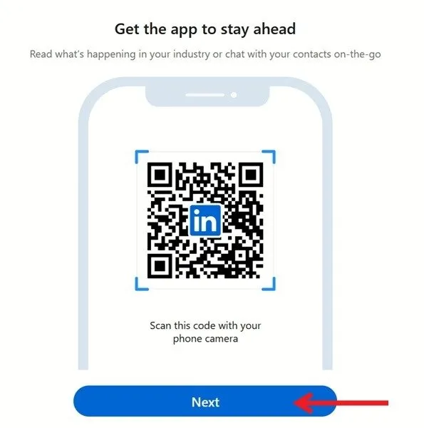 LinkedIn vraagt ​​u om de QR-code te scannen om de LinkedIn-app op uw telefoon te downloaden.