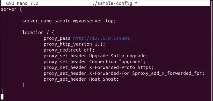 Un terminal montrant un exemple de configuration de proxy inverse pour Nginx.