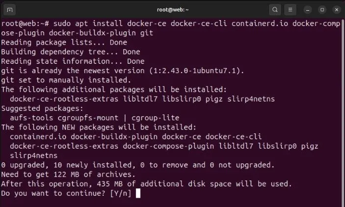 Una terminal que muestra el proceso de instalación de Docker, sus complementos y Git.