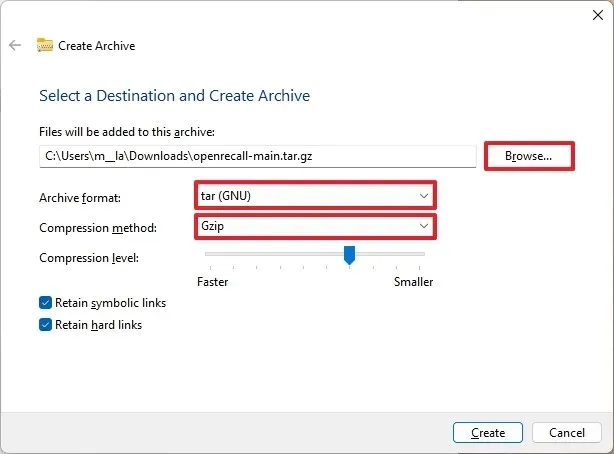 Crear archivo Tar en Windows 11