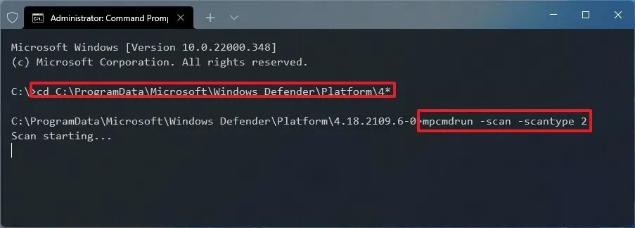 Comando de análisis completo de Microsoft Defender
