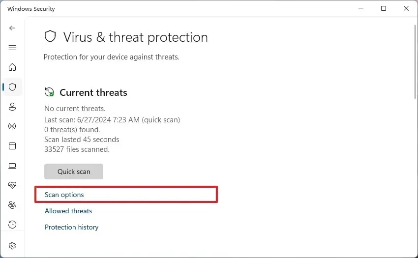 Opciones de análisis del antivirus Microsoft Defender